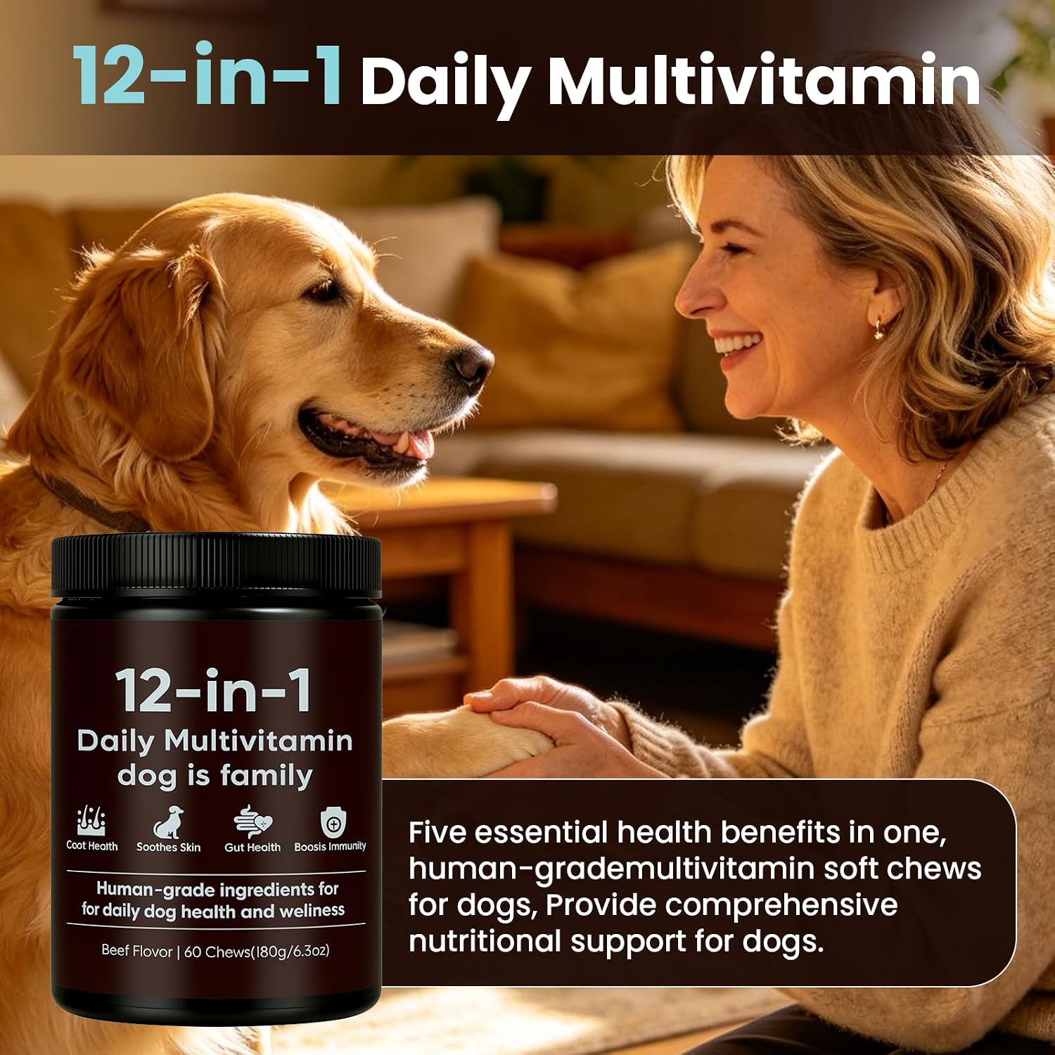 12-in-1 Daily Multivitamin for Dogs - with Folic Acid, Salmon Oil, Chondroitin & Natural Vitamins, Skin and Coat Healthy, Digestive & Boost Immunity, 60 Chew (Beef)