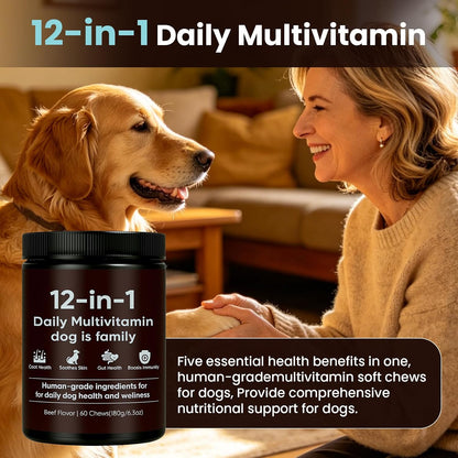 12-in-1 Daily Multivitamin for Dogs - with Folic Acid, Salmon Oil, Chondroitin & Natural Vitamins, Skin and Coat Healthy, Digestive & Boost Immunity, 60 Chew (Beef)