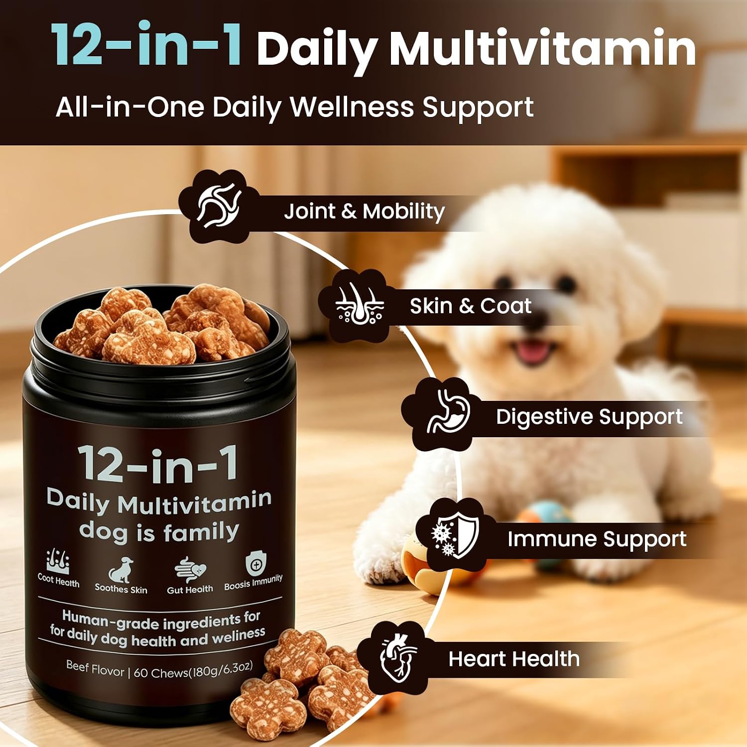 12-in-1 Daily Multivitamin for Dogs - with Folic Acid, Salmon Oil, Chondroitin & Natural Vitamins, Skin and Coat Healthy, Digestive & Boost Immunity, 60 Chew (Beef)