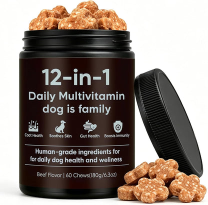 12-in-1 Daily Multivitamin for Dogs - with Folic Acid, Salmon Oil, Chondroitin & Natural Vitamins, Skin and Coat Healthy, Digestive & Boost Immunity, 60 Chew (Beef)