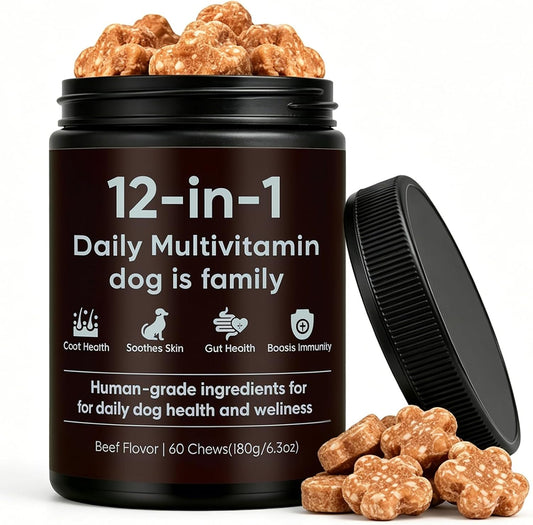 12-in-1 Daily Multivitamin for Dogs - with Folic Acid, Salmon Oil, Chondroitin & Natural Vitamins, Skin and Coat Healthy, Digestive & Boost Immunity, 60 Chew (Beef)